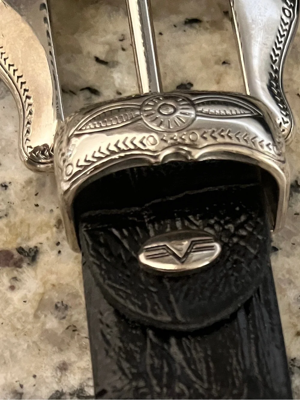 VTG Valentino Black Leather Large Silver Buckle Belt 34